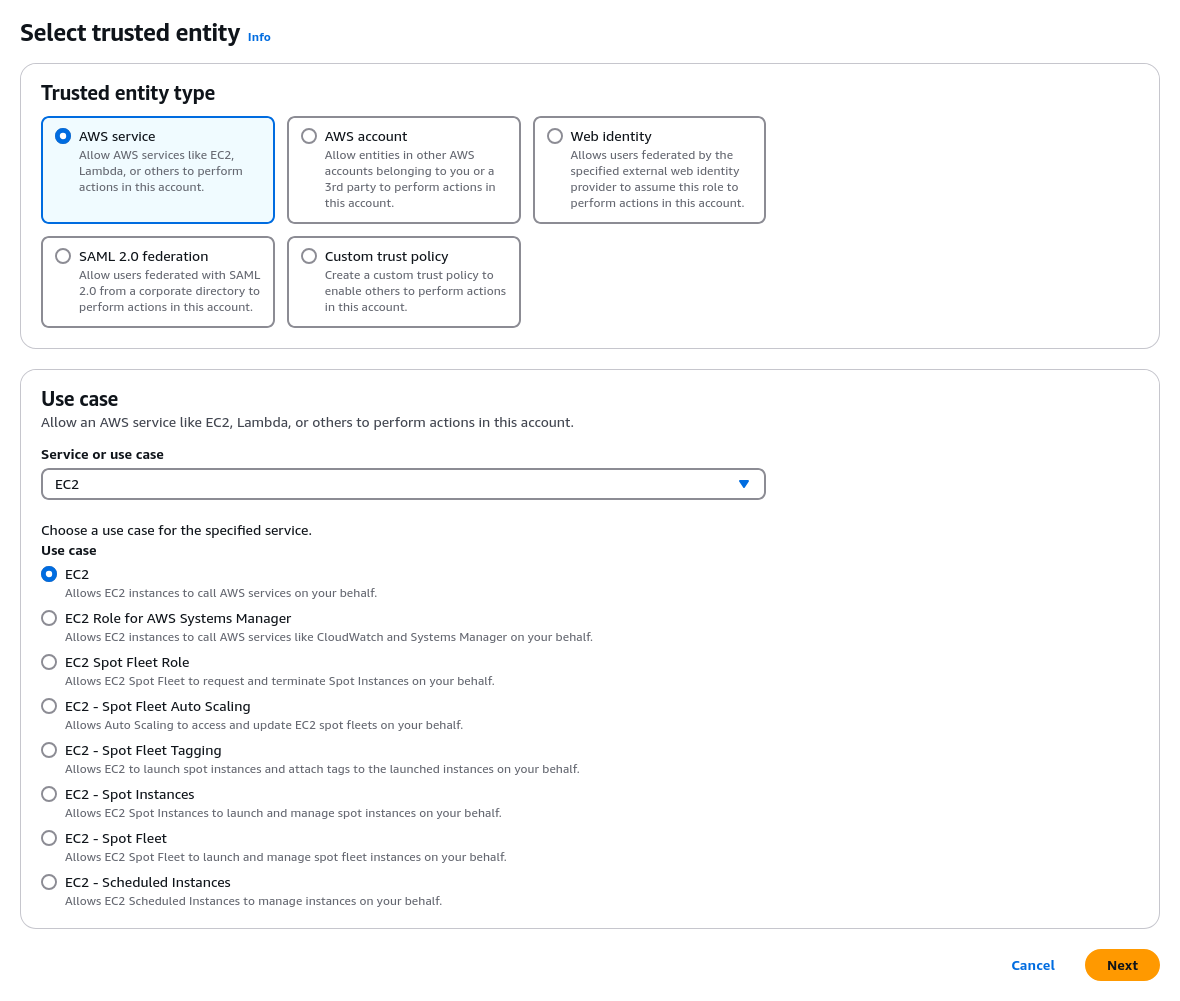 AWS Role Entity, with "Trusted entity type" set to "AWS service", "Service or use case" set to "EC2", and "Use case" set to "EC2".
